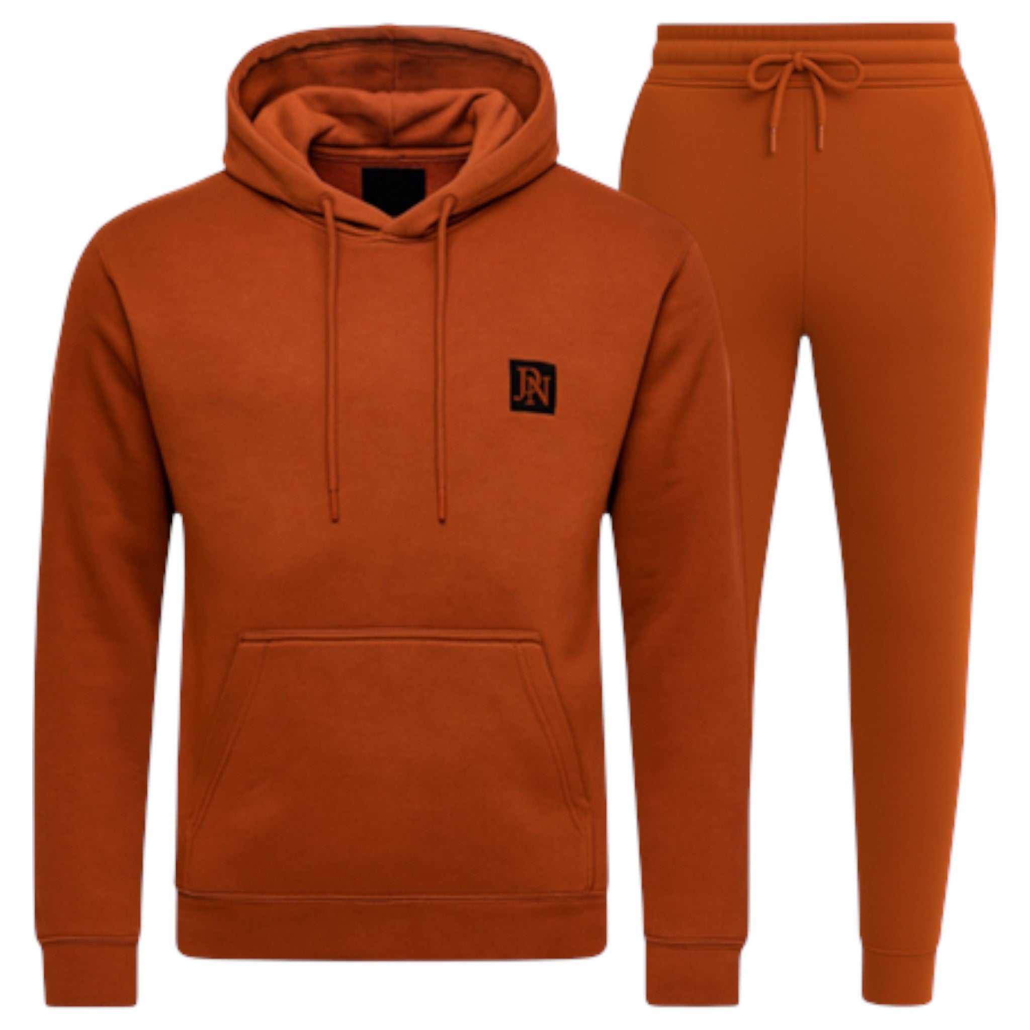 Men's JDN branded hooded tracksuit set in brick red – plain hoodie with kangaroo pocket and matching joggers loungewear activewear